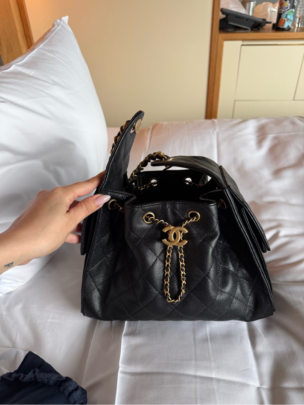 CHANEL 25 small Black caviar Quilted Drawstring Chain Bucket Bag with Gold CC